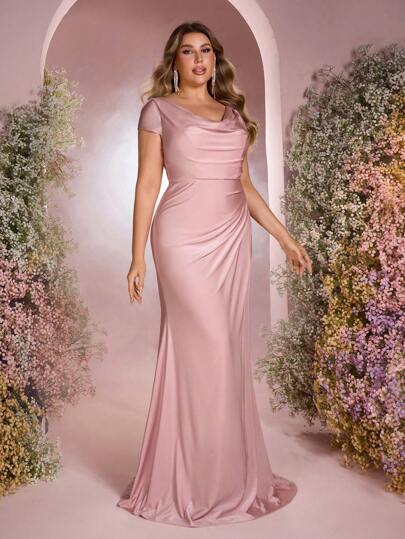 SHEIN Belle Plus Size Cowl Neck, Cap Sleeve, Applique, Pleated Fabric, Light Pink Elegant Bridesmaid Dress, Suitable For Weddings