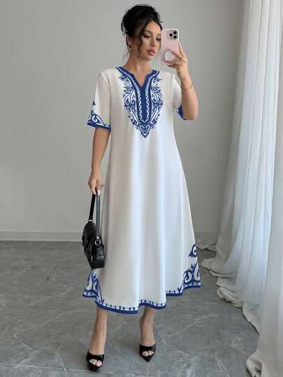 Elenzga 女士优雅中东风格印花V领连衣裙