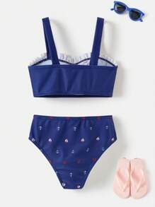 Joliand Joliand 2pcs/Set Young Girl Urban Elegant Red Halter Top With Navy Bow Decor And Sailor Anchor & Lighthouse Printed Swimsuit, Suitable For Pool, Beach, Summer