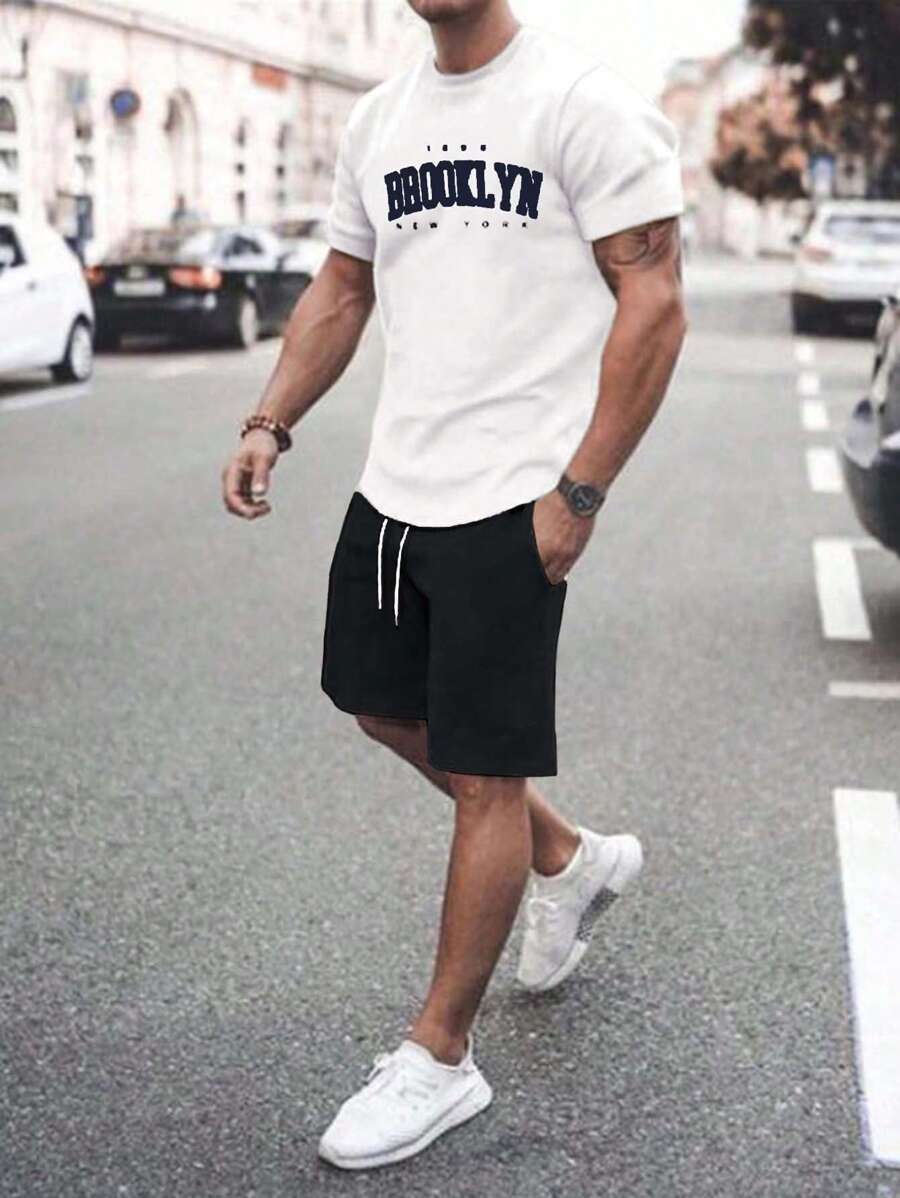 RueChic Cotton Men Letter Printed Regular T-Shirt & Short Two-Piece - Navy Blue - View 1