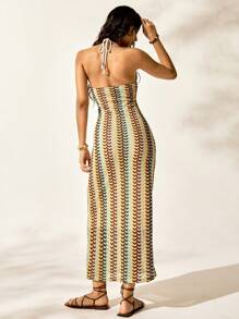 Easelle Women's Spring And Summer Seaside Leisure Vacation Bohemian Beach Woven Halter Neck Sexy Slim V-Neck Long Dress - Multicolor - View 10