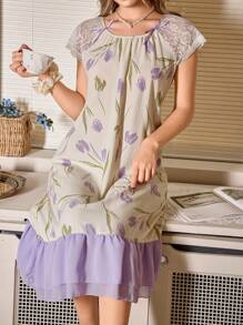 CottageSlumber Camisón largo con estampado floral romántico, parches de encaje, volantes y bloques de color perfecto para verano y vacaciones