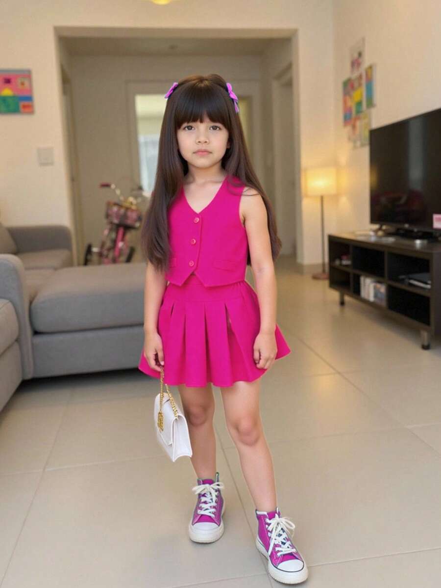 SHEIN 2pcs Woven Solid Top & Skirt Set For Young Girls - Hot Pink - View 1