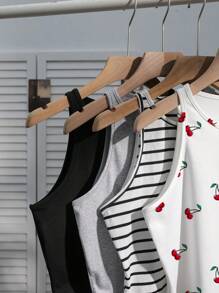 SHEIN EZwear Conjunto de 4 piezas para mujer: Camiseta sin mangas a rayas en blanco y negro, cereza casual para vacaciones, versátil y sexy para el verano y el regreso a la escuela