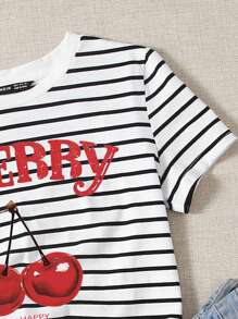 SHEIN EZwear Casual Minimal Striped Cherry Print Graphic Round Neck Loose Short Sleeve T-Shirt For Women, Summer Graphic Tees Suitable For Going Out - Multicolor - View 5