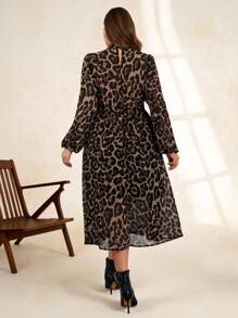 SHEIN Clasi Plus Size Chiffon Leopard Print Long Sleeve Dress, Autumn/Winter - Multicolor - View 2