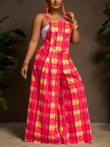 Slaydiva Plus Size Women Casual & Sweet Loose Belted Wide Leg Jumpsuit - B