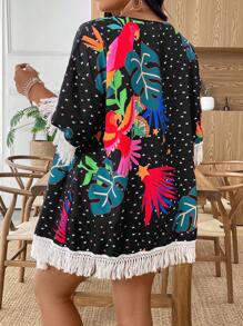 SHEIN LUNE Plus Size Women Woven Tropical Print Patchwork Tassel Trim Lightweight Spring/Summer Vacation Jacket - Multicolor - View 2