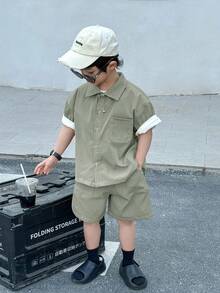 Young Boys Summer Casual Street Japanese And Korean Loose Fit Black Shirt With Workwear Shorts 2 Pieces Set,Back To School Kids Fashion Outfit - Mint Green - View 7