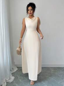 Elenzga Women's Summer Elegant Draped Collar Belted Long Dress - Apricot - View 3