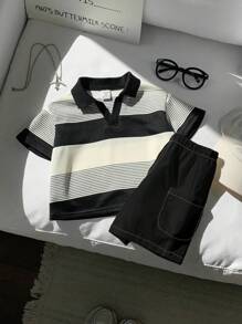 SHEIN 2 件套男婴休闲条纹 Polo 衫和白色短裤套装，适合生日派对、晚会、婚礼、迎婴会、1 岁生日庆祝活动和其他场合男婴夏季套装男婴条纹 Polo 衫和短裤套装黑白男婴服装，返校服装 - 彩色 - 查看 3