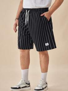 EASEVO 大码男士休闲日常针织黑白竖条纹短裤，适合夏季 - 黑色 - 查看 4