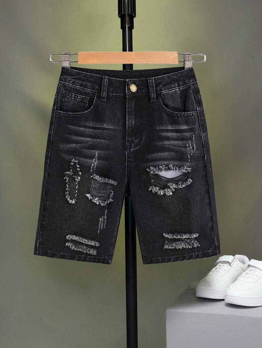 SHEIN Tween Boy Casual Loose Bermuda Ripped Pocket Denim Shorts - Black - View 1