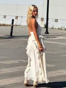 SHEIN ICON Damen Western Cowgirl Stil Metal Mesh geschnürtes asymmetrisches Träger Top - Weiss - Übersicht 3