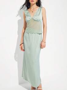 Roylia Elegant Satin Sleeveless V-Neck Top And Fish Tail Skirt Set - Green - View 6