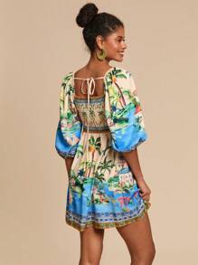 Travachic 旅行时尚花卉印花方领短袖女式迷你连衣裙。度假风格，编织图案印花，女士休闲夏季度假服装，波西米亚海滩度假服装，波西米亚时尚，节日服装，女士海滩服装，女士夏季服装，毕业服装，女士生日服装，海滩必需品，女士机场服装，7 月 4 日女士，俱乐部服装，茶会礼服，生日礼服，夏季太阳裙，欧洲夏季 - 彩色 - 查看 2