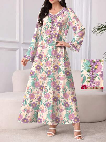 SHEIN Najma 复古优雅碎花 V 领女式超长连衣裙，端庄大方