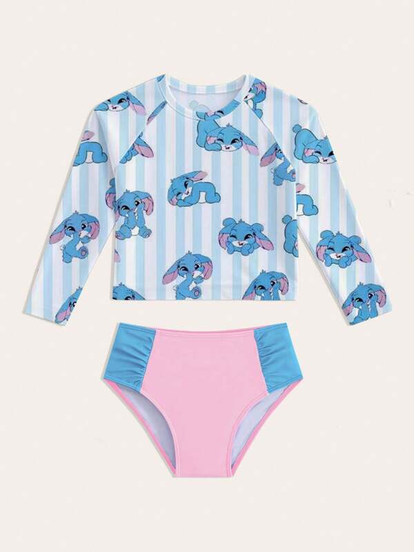 GraphicGems Young Girl Striped Long Sleeve Crew Neck Swimsuit With Triangle Swim Trunks, Fashionable Summer Set
