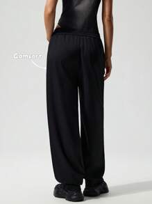 Menodora SHEIN Sport Pantalones largos casuales y sueltos de unicolor tejidos para mujeres - Negro - Ver 3
