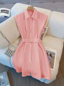 Franclia Solid Color City Casual Commute Style Women Mid-Length Dress - Pink - View 4