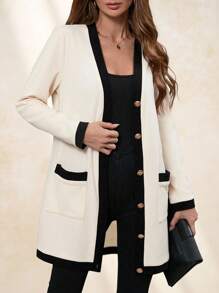 Chikora 大码女式优雅舒适金属纽扣长款保暖开衫，黑白配色，适合秋季穿着，女士防风外套，商务休闲女装 - 黑與白 - 查看 1