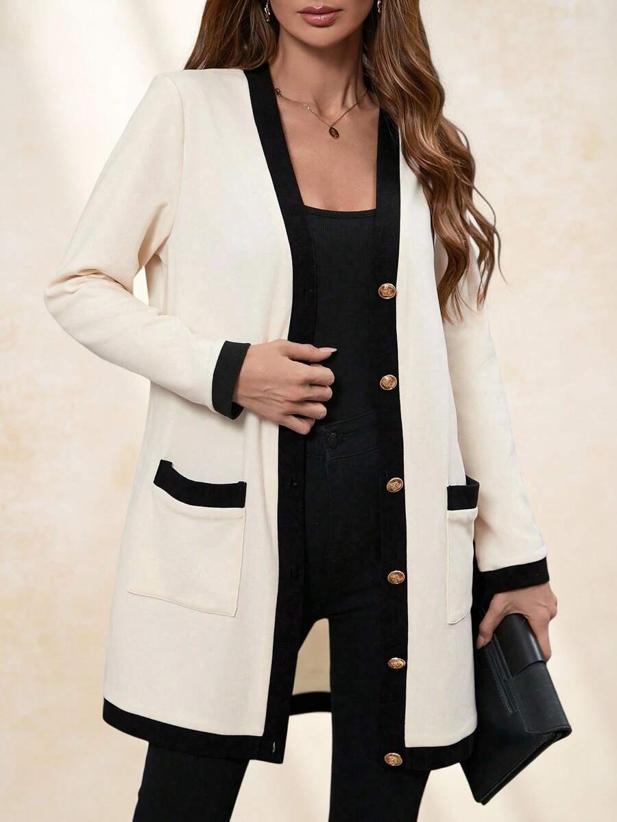 Chikora 大码女式优雅舒适金属纽扣长款保暖开衫，黑白配色，适合秋季穿着，女士防风外套，商务休闲女装 - 黑與白 - 查看 1