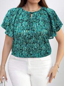 Chikora 大码时尚印花荷叶边饰带上衣，女式休闲上衣，女式优雅上衣，女式上衣，夏季衬衫，度假，外出女式上衣，优雅 - 彩色 - 查看 3