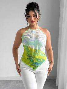 Elenzga 大码抽象油画印花褶皱性感露背细肩带背心