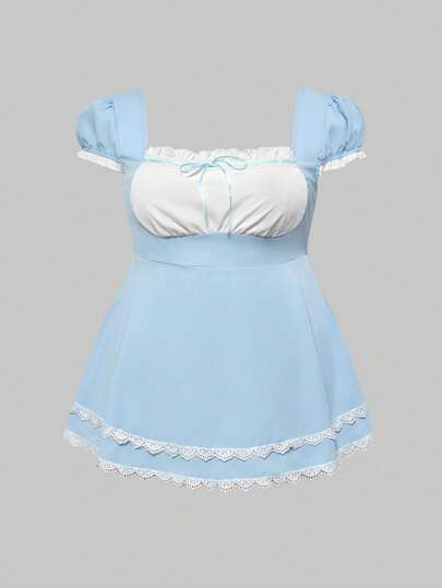 Kawaii بلوزة أنيقة بياقة مربعة وكشكش زخرفي وفيونكة