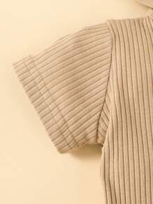 SHEIN 男嬰熊圖案條紋針織3D耳朵設計連帽連身短褲 - 棕色 - 查看 5