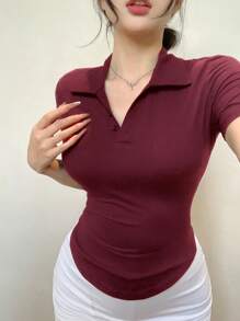 DAZY Women's Sexy Slim Fit Lapel Short Sleeve T-Shirt, Summer,Back To School Clothes Preppy Tops - Burgundy - View 5