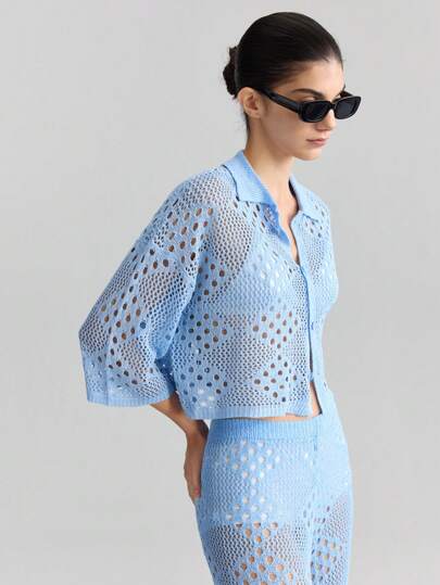 Ontre 2025 新款女士海滩独立日舒适休闲风格宽松开衫，钩针针织风格春夏舒适休闲装，海滩装