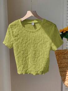 Comfortcana Beige Knitted Jacquard Round Neck Basic Short Sleeve T-Shirt, Summer - Olive Green - View 5