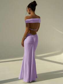 Aloruh White Wedding Season Backless Ruched Sexy Off Shoulder Bodycon Dress For Women - Purple - View 4
