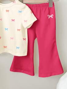 女婴休闲简约短袖圆领上衣和裤子套装，适合春夏季 - 彩色 - 查看 4