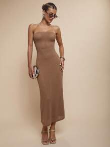 COSMINA Vacation Outfits Woman,Women's Solid Color Bandeau Fitted Mid-Calf Dress, Fashion Summer - Brown - View 6