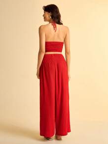 CAJUNI Women's Boho Style Tropical Print Pleated Halter Tank Top And Long Pants Vacation Beach Casual Set, Summer - Red - View 2