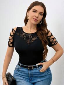 Chikora Plus Size T-Shirt With Lace Patchwork & Hollow Design, Casual & Elegant, Summer Outfits For Women