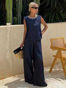 DAZY 两件套女士无袖露脐背心和阔腿牛仔裤，春夏度假装