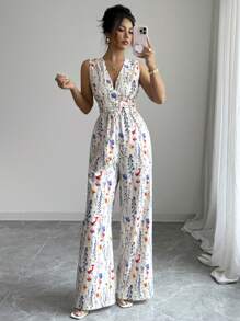 Elenzga Women's Elegant Floral Print Romper Jumpsuit, Suitable For Vacation & Music Festival