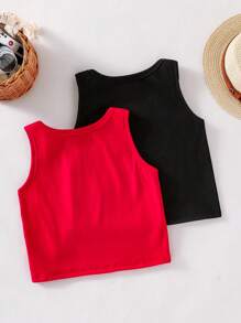 2pcs Tween Girl Fashion Knit Sleeveless Tank Top Set,Red And Black,Soft Stretchy Fabric,Front Letter Print,Stylish Fit For Summer,Casual,Vacation - Black - View 2