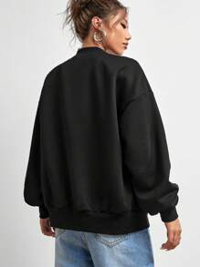 SHEIN EZwear Solid Drop Shoulder Bomber Jacket,Ladies Spring/Fall Casual Button Drop Shoulder Baseball Collar Oversized Black Plain Women Jackets,Casual Daily Wear - Black - View 5