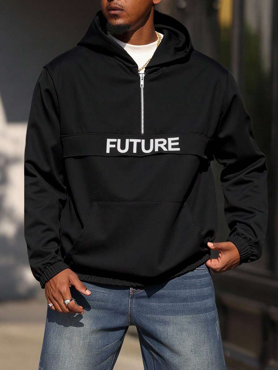 EGENSIO Kurtka wiatrówka męska z kapturem i nadrukiem w litery, z długim rękawem i zamkiem błyskawicznym, w dużym rozmiarze - Czarne - Zobacz 1