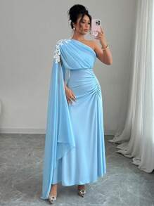Rafferiza Women's Elegant Ruched One Shoulder Ruched Applique Decorated Dress - Baby Blue - View 4