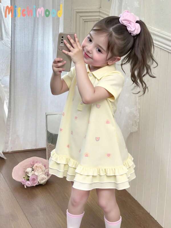 Baby Girls' Casual Rainbow Print Puff Sleeve Polo Collar Ruffle Hem Short Sleeve Dress Yellow Dress For Toddler Girl Yellow Dresses For Baby S Yellow Dress Baby Yellow Baby Outfit