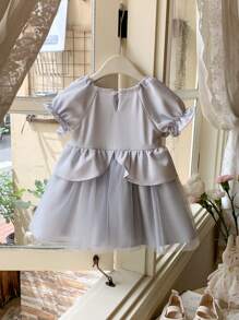 Baby Girl Round Neck Puff Sleeve Princess Style Mesh Dress - Grey - View 2