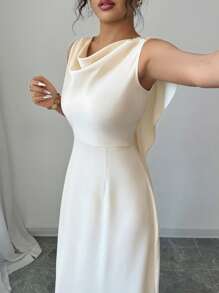 Elenzga Women's Summer Elegant Draped Collar Belted Long Dress - Apricot - View 4