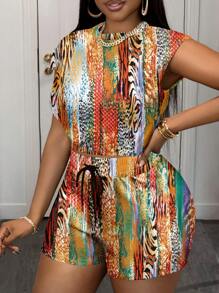 Slaydiva Conjunto de top sin mangas y shorts de mujer informal, adecuado para verano y vacaciones, con estampados de animales como leopardo, cebra y pitón - Multicolor - Ver 5