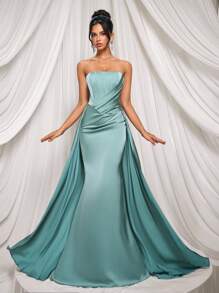 Glamrae Elegant Sage Green Satin Bustier Dress With Ruched Waist, Fish Tail Design Maxi Dress With Adjustable Lace-Up Back, Suitable For Date, Vacation, Party, Wedding, Formal Occasion, Gown, For Evening, Wedding Guest,Birthday Dress,Graduation,Teacher Outfits For Women,Teacher Dress - Mint Green - View 2