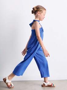 SHEIN Young Girls' Summer Ruffle Strap Bow Knot Faux Denim Jumpsuit